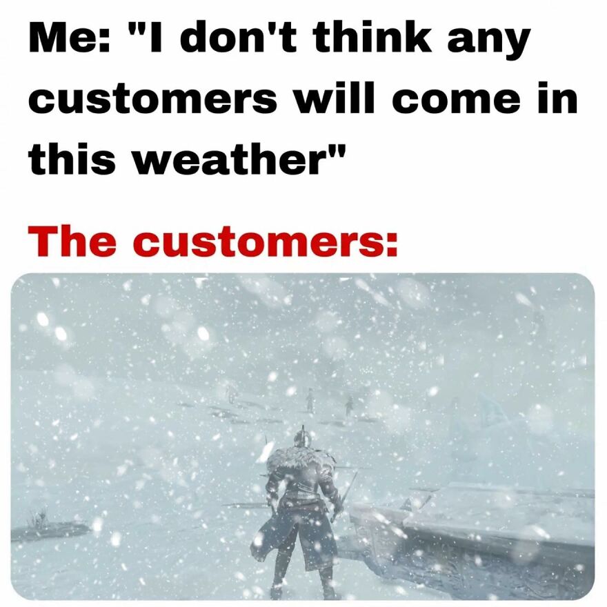 Meme showing snowy video game scene with player character braving harsh weather as relatable exhausted adults gaming.