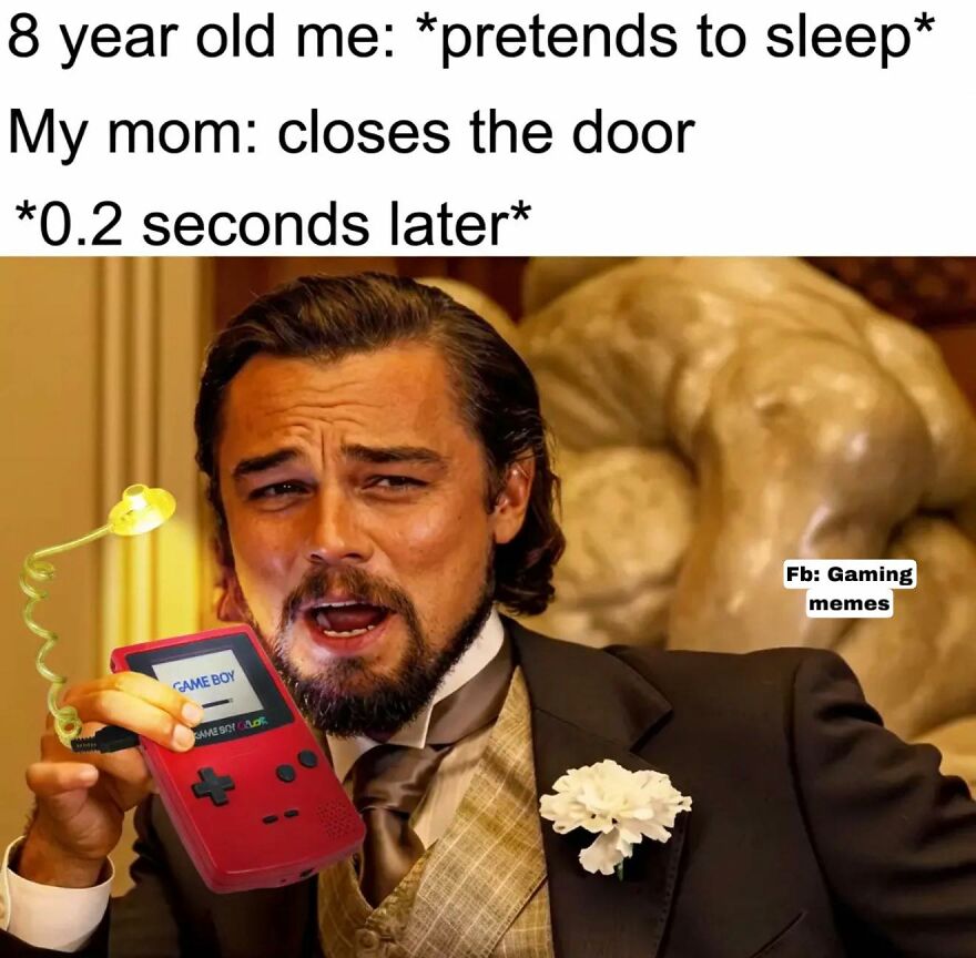 Leonardo DiCaprio holding a red Game Boy with a funny expression, relatable meme for exhausted adults and video games.