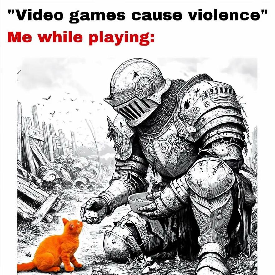 Medieval knight in armor feeding an orange cat, illustrating relatable memes for exhausted adults wanting to play video games.