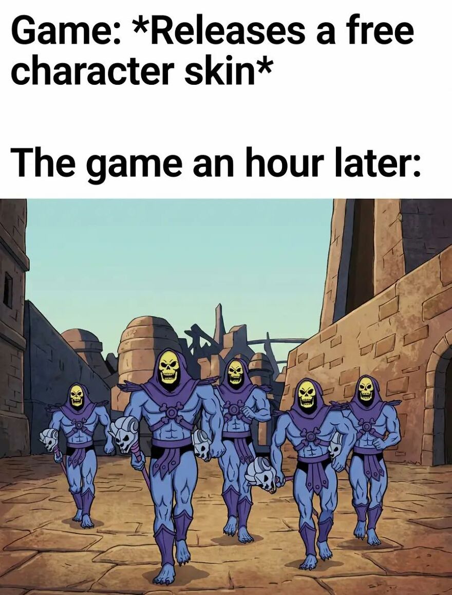 Relatable meme showing Skeletor characters illustrating exhausted adults wanting to play video games after a free skin release.