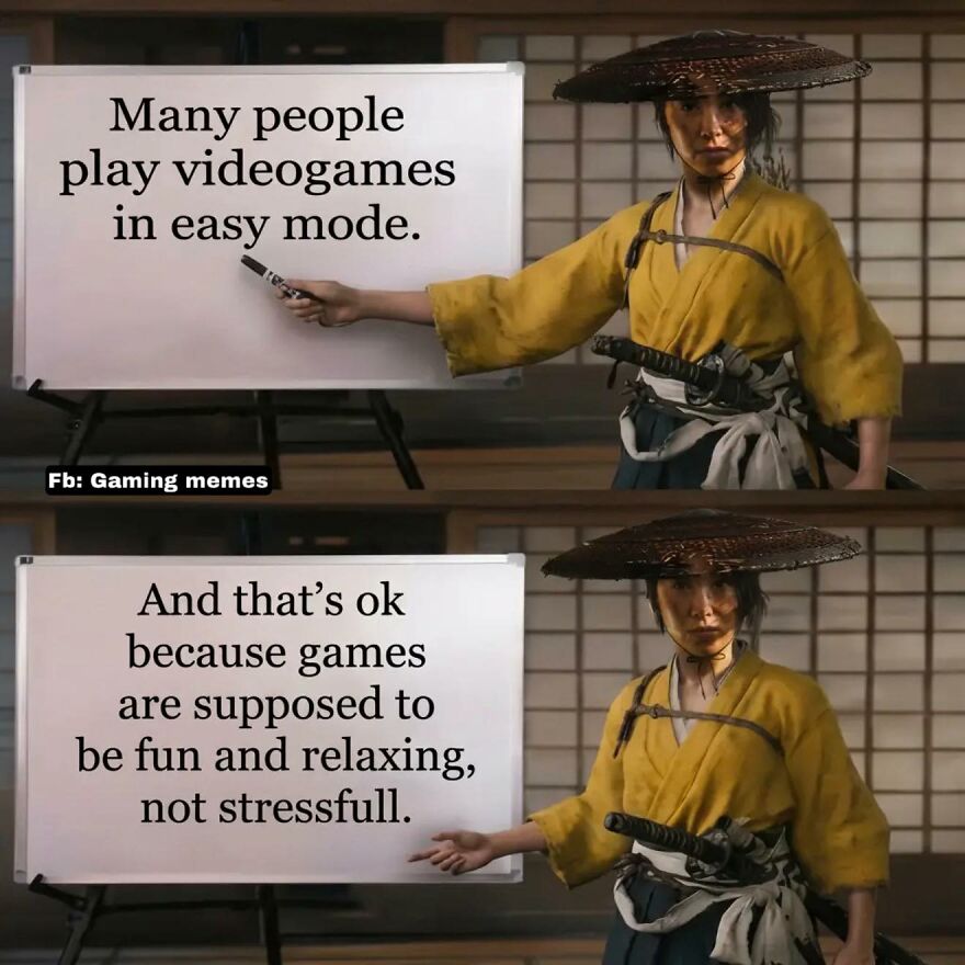 Person in traditional attire presenting gaming memes on whiteboards about playing video games for fun and relaxation, not stress.