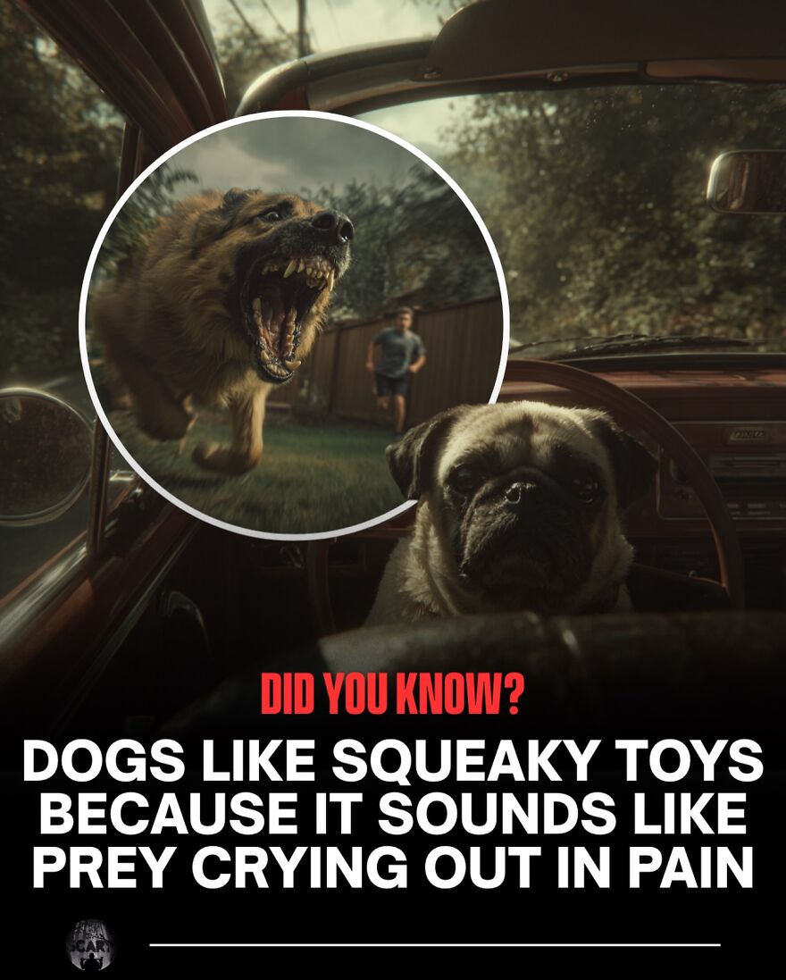 Aggressive dog chasing a person outside a car with a worried dog inside, illustrating scary facts about bones and prey sounds.