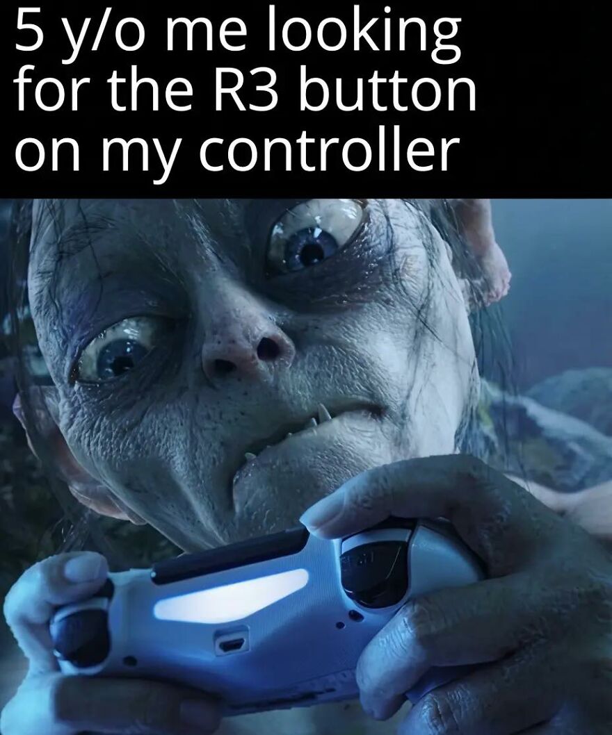Close-up of a character intensely searching for the R3 button on a video game controller, relatable gaming meme for exhausted adults.