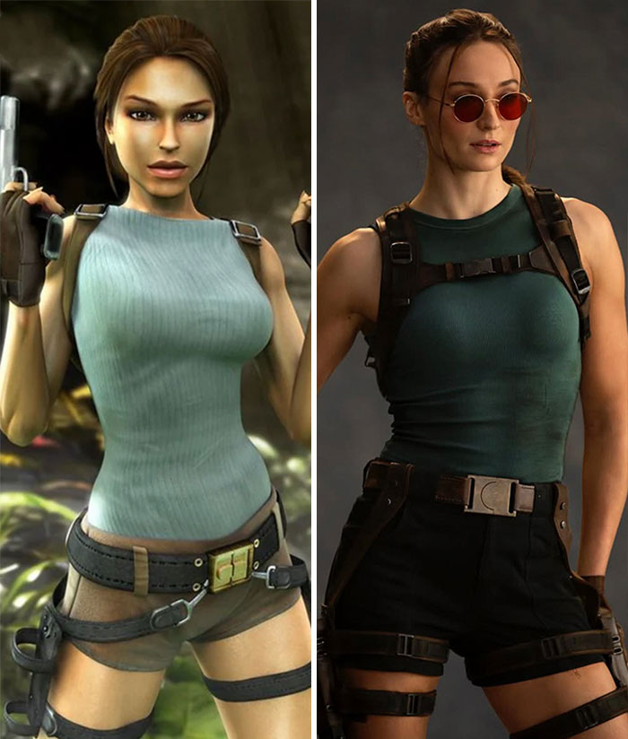 Side-by-side image of Sophie Turner and Lara Croft showcasing the ripped Lara Croft transformation for Tomb Raider.