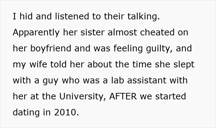 Text explaining a man snooping on his wife's conversation with her sister, devastated after learning about her infidelity.
