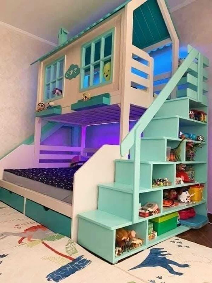 Woodworking projects featuring a creatively designed kids' bunk bed with storage stairs and a playhouse loft.