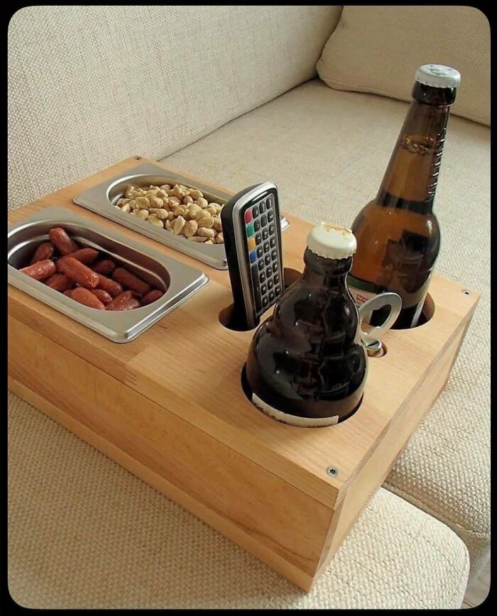Woodworking project featuring a multi-functional wooden tray with snack compartments, bottle holders, and a remote slot.