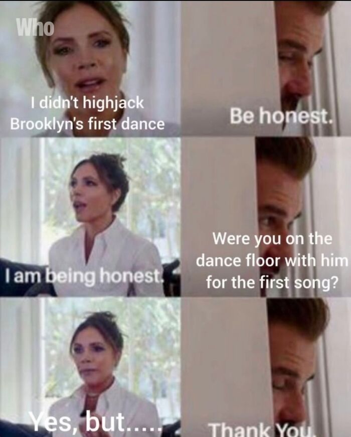 Victoria Beckham in a meme discussing Brooklyn’s first dance at his wedding, with humorous text about the dance floor moment.