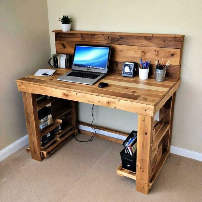 Wooden desk woodworking project with shelves, featuring a laptop and office supplies in a minimalist workspace.