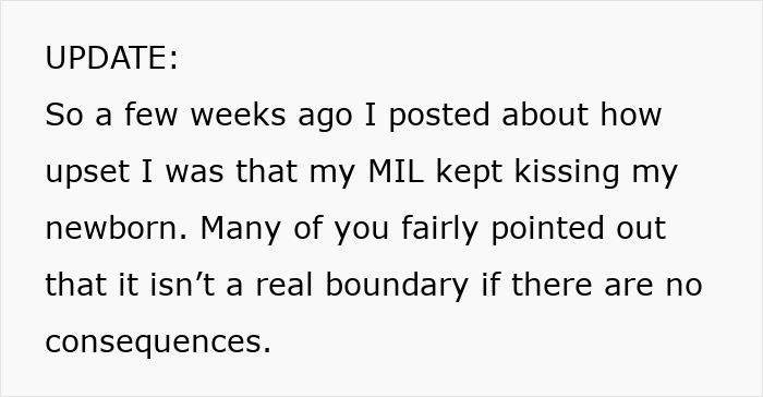 Text update about feelings on MIL keeps kissing newborn, discussing boundaries and consequences related to the situation