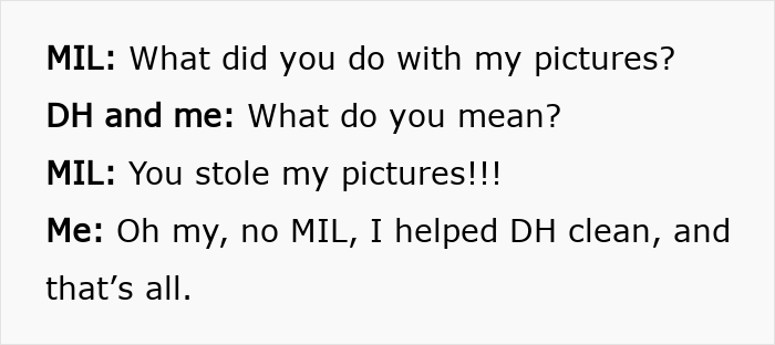 Text conversation showing a mother-in-law accusing daughter-in-law and husband of stealing her pictures during a furniture rearrangement.