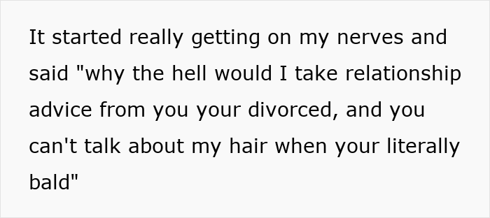 Text message conversation where a bald and divorced man shames nephew for long hair and cooking for girlfriend. Text message conversation where a bald and divorced man shames nephew for long hair and cooking for girlfriend.