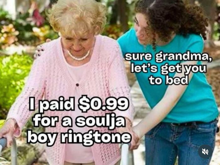 Granddaughter helping grandma walk outdoors with nostalgic text about paying for a Soulja Boy ringtone.