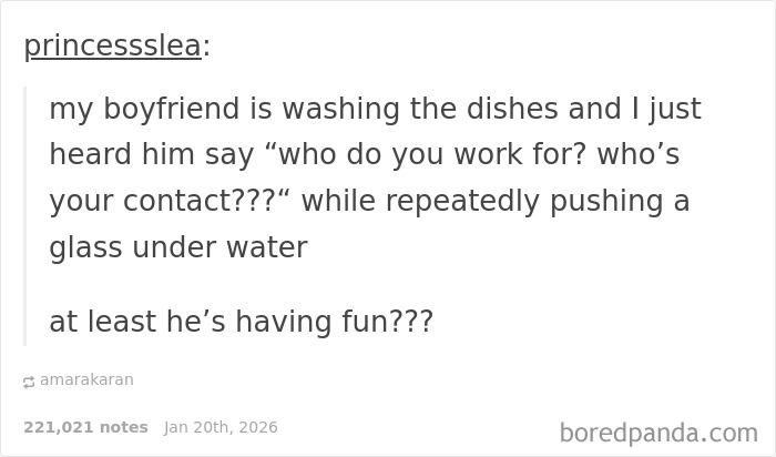 Funny screenshot of a boyfriend washing dishes while jokingly asking work-related questions to a glass underwater.