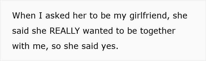 Text on a white background stating a man&rsquo;s feelings after his girlfriend said yes to being together, hinting at infidelity.