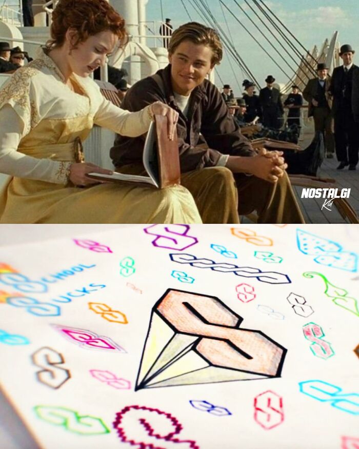 Scene from Titanic with couple on deck, paired with colorful nostalgic school bucks drawings, evoking Xenials memory trip.