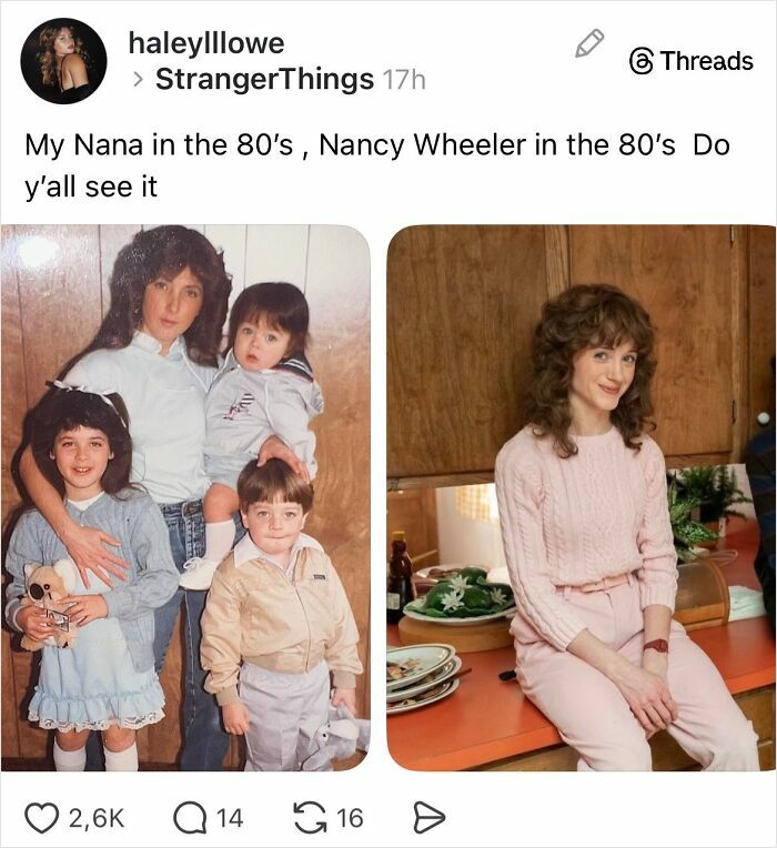Comparison of 1980s family photo and actress Nancy Wheeler from Stranger Things in a pink sweater in a kitchen setting.