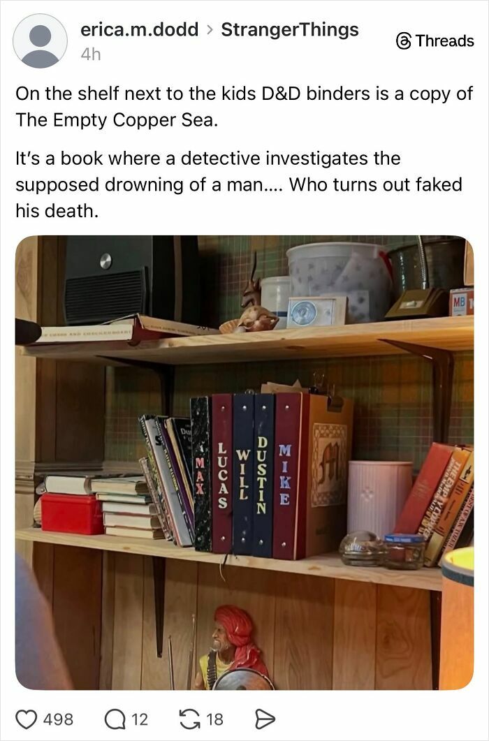Bookshelf with Stranger Things D&D binders labeled with character names and a book referencing a key plot detail from the ending.