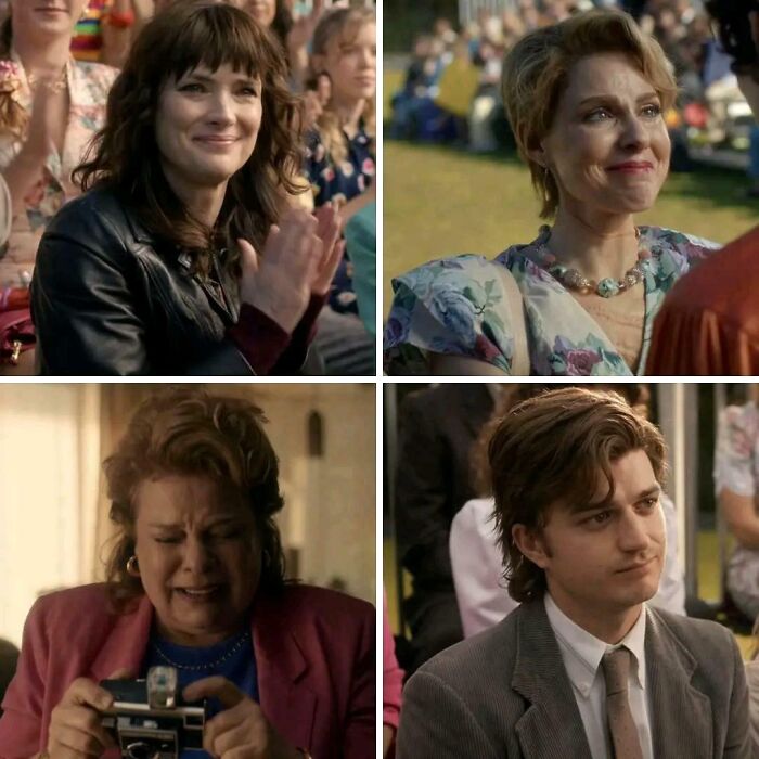 Four Stranger Things characters showing emotional reactions during the series ending after 10 years in various settings.