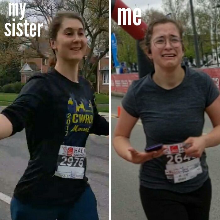 Two sisters running a race, one smiling happily while the other looks upset, showing sibling life moments.