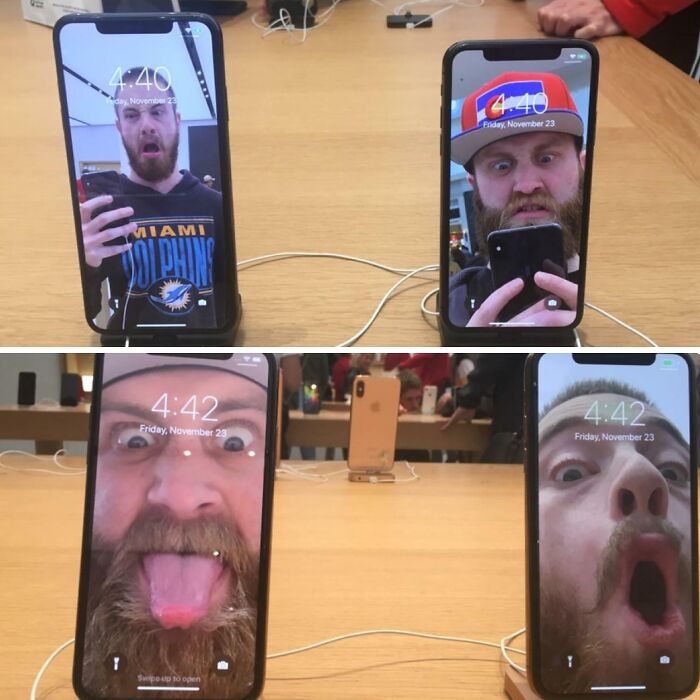 Two smartphones displaying funny close-up selfies of a man, showcasing sibling fun and playful moments together.