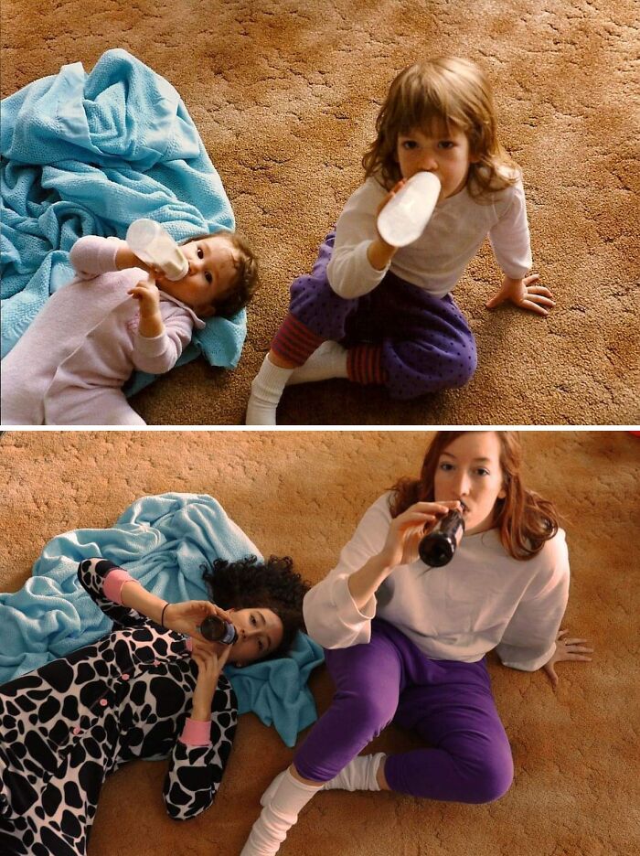 Two pairs of siblings drinking from bottles while sitting and lying on a carpet, showing fun moments with siblings.