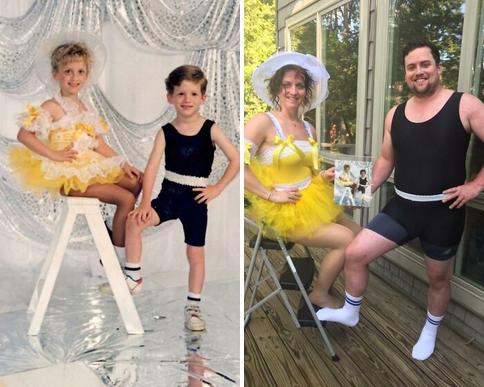 Two siblings recreating a childhood photo in matching yellow tutu and black dance outfits, showing sibling fun and bonding.