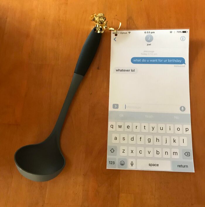 Text message birthday gift idea with a ladle and a humorous sibling conversation showing playful life with siblings.