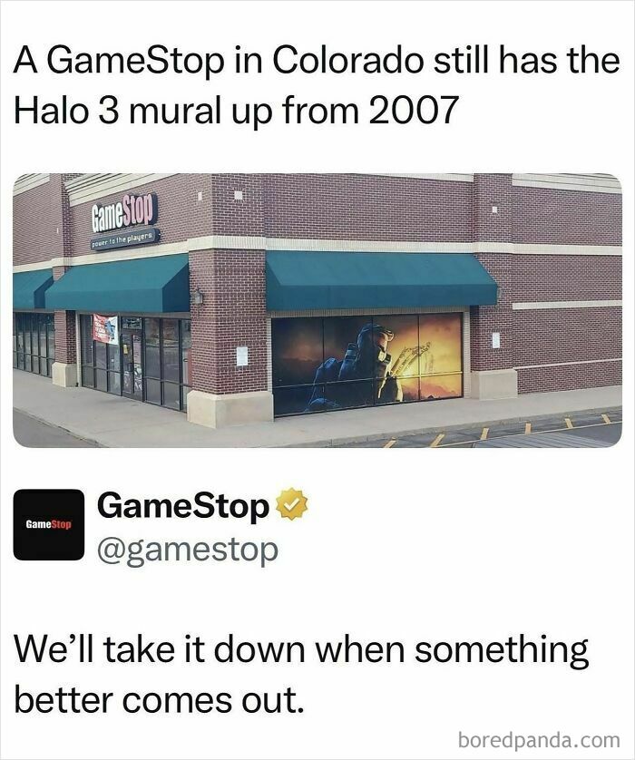 GameStop store with Halo 3 mural from 2007, featured in a collection of funny movie memes.