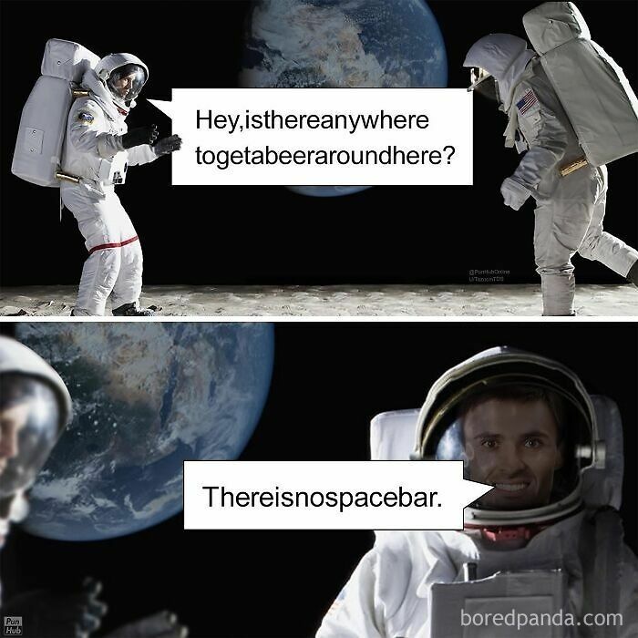 Astronauts on the moon making a movie meme joke about the lack of spacebar in a humorous space setting.
