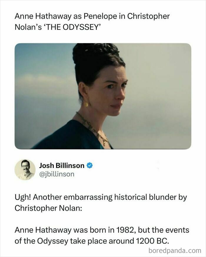 Anne Hathaway as Penelope in a historical movie scene featured in popular movie memes funnier than bloopers.