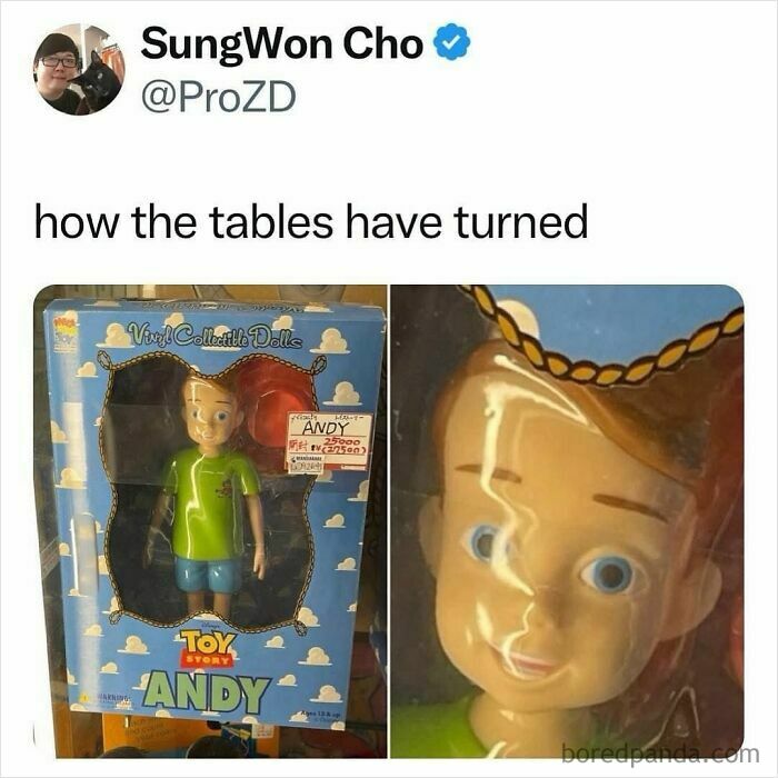Toy story Andy collectible doll shown in packaging with humorous meme caption about movie memes.