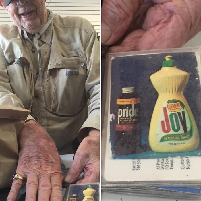 Elderly man showing a humorous vintage image of dish soap labeled Joy and furniture wax Pride in random pics that make you laugh.