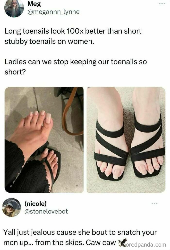Funny meme about women’s toenails with images contrasting long and short nails, part of random memes to spice up life.