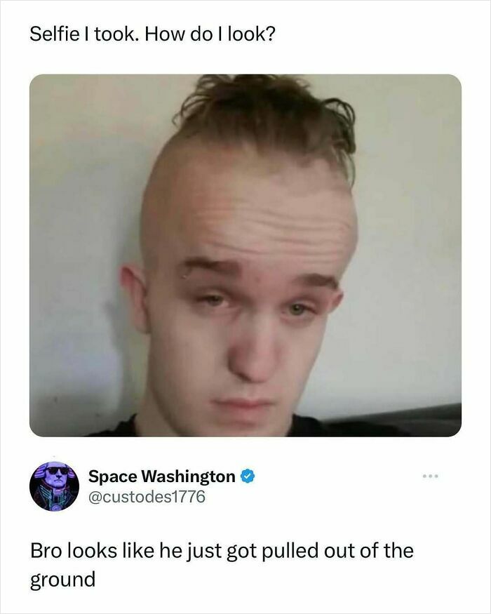 Selfie of a young man with an unusual haircut and tired expression, part of random memes to spice up life.