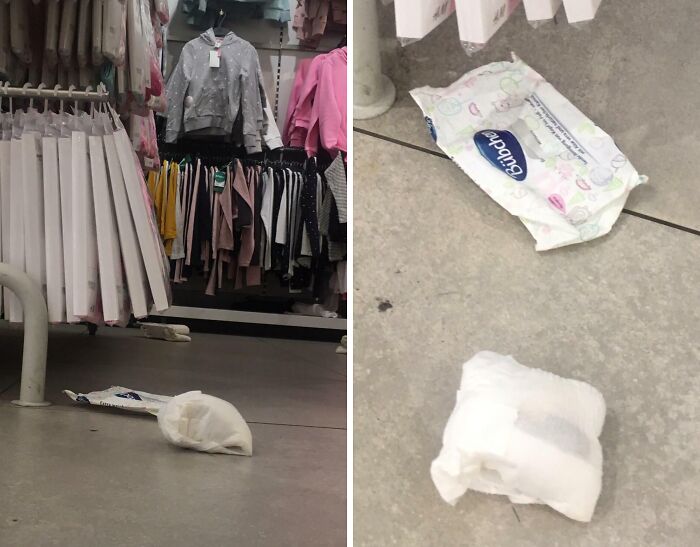 Store clothing aisle with dropped baby wipes and discarded diaper on floor, illustrating next-level jerks.