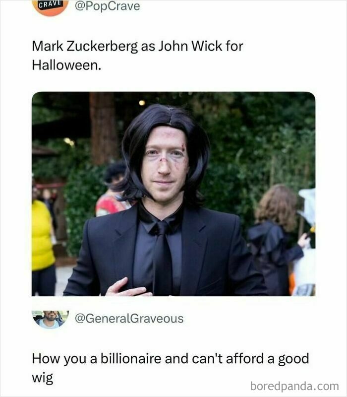 Mark Zuckerberg dressed as John Wick for Halloween, featured in a random meme to spice up life with humor.