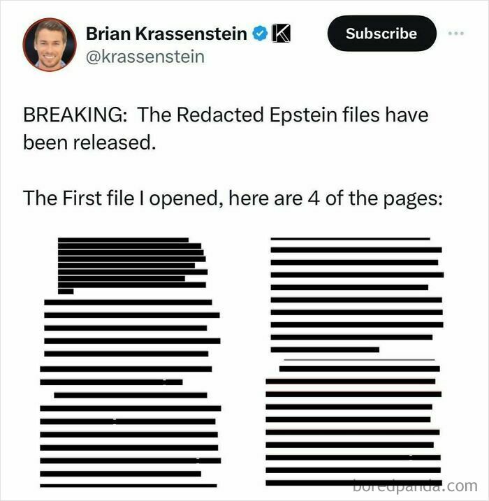 Tweet showing a blacked-out Epstein files joke, included in 40 random memes to spice up life with humor.