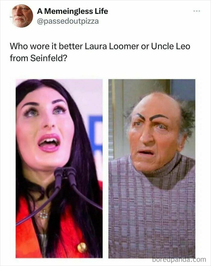 Side-by-side images comparing a woman and a character from Seinfeld, part of random memes to spice up life.