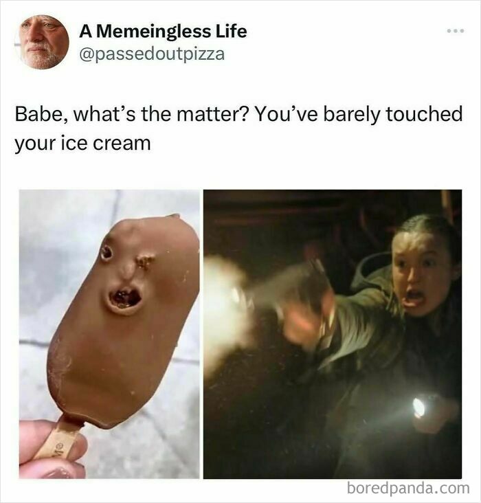 Meme about a chocolate ice cream bar with a face and a woman shooting a gun, random memes to spice up life.