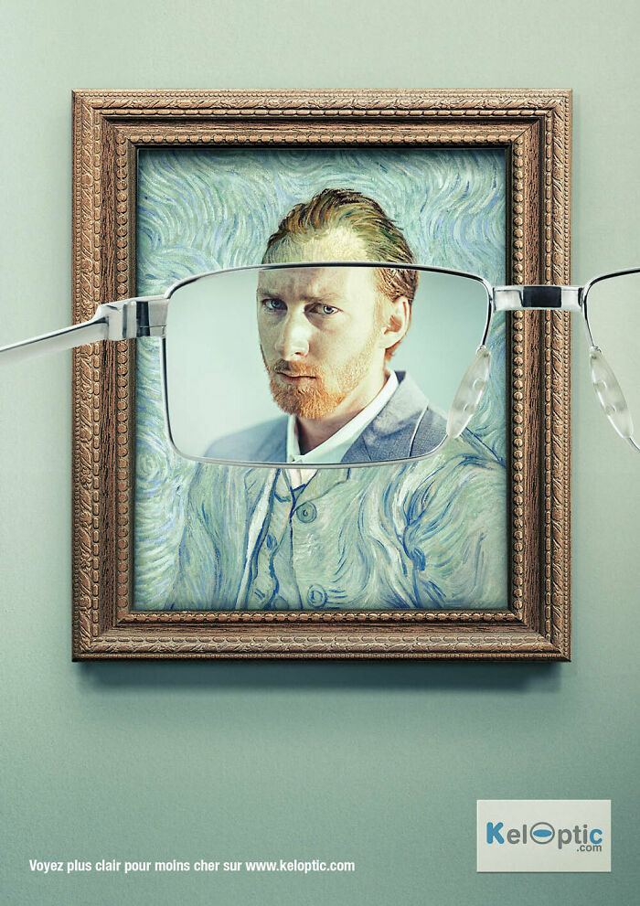 Creative print advertisement showing a Van Gogh portrait seen clearly through eyeglasses highlighting humor and creativity.