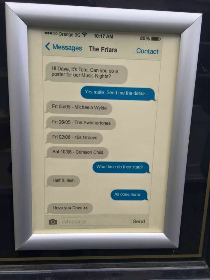 Framed print advertisement showing humorous text conversation about creating music night posters with creative design.