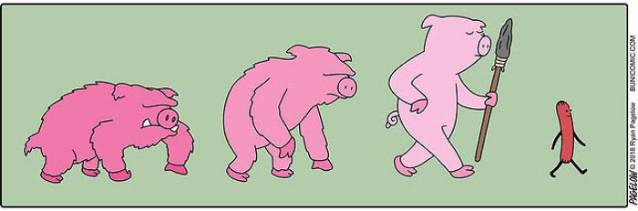Hot Dog comics panel: three pigs evolving into an upright spear-wielding pig confronting an anthropomorphic walking hot dog Hot Dog comics panel: three pigs evolving into an upright spear-wielding pig confronting an anthropomorphic walking hot dog