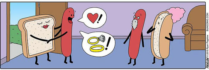 Hot Dog comics panel showing anthropomorphic hot dogs and buns reacting to a ring and love heart proposal