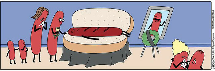 Hot Dog comics panel of sausage family mourning a hot dog in a coffin with portrait