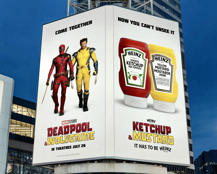 Billboard print advertisement using humor and creativity featuring Deadpool, Wolverine, and Heinz ketchup and mustard bottles.