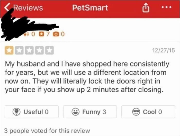 Yelp screenshot of PetSmart review about locked doors two minutes after closing, example of next-level jerks