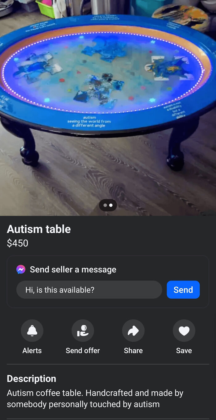 Blue oval LED coffee table labeled Autism, online listing screenshot - unhinged things sell online