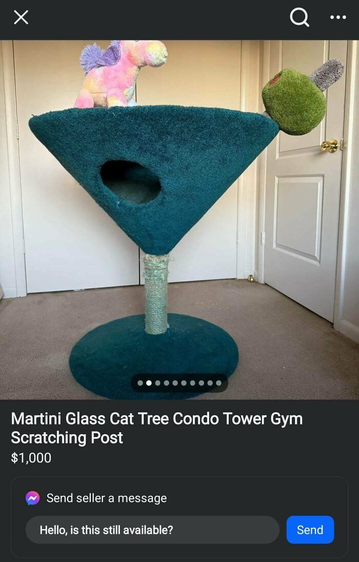 Green martini glass-shaped cat tree condo listed to sell online, plush toys on top and scratching post base.