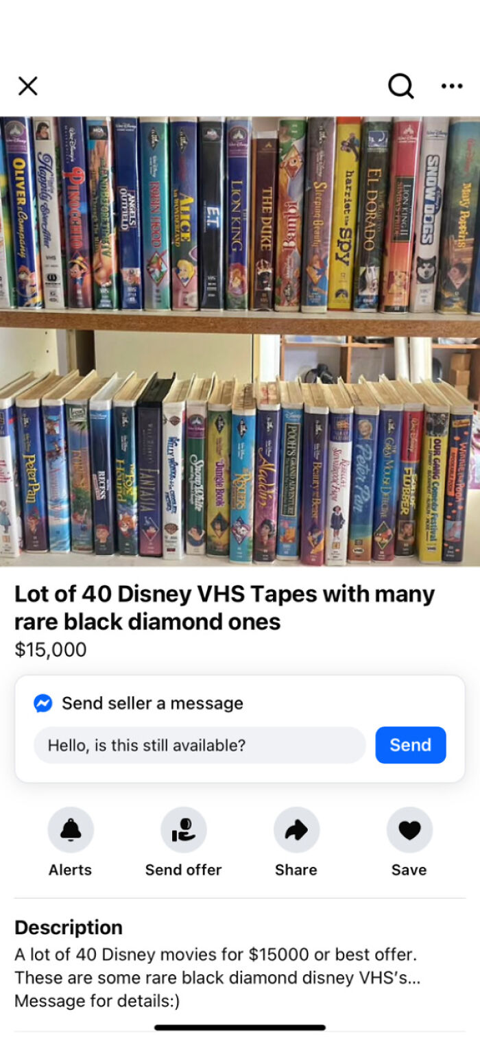40 Disney VHS tapes on shelf listed to sell online, vintage black diamond editions visible